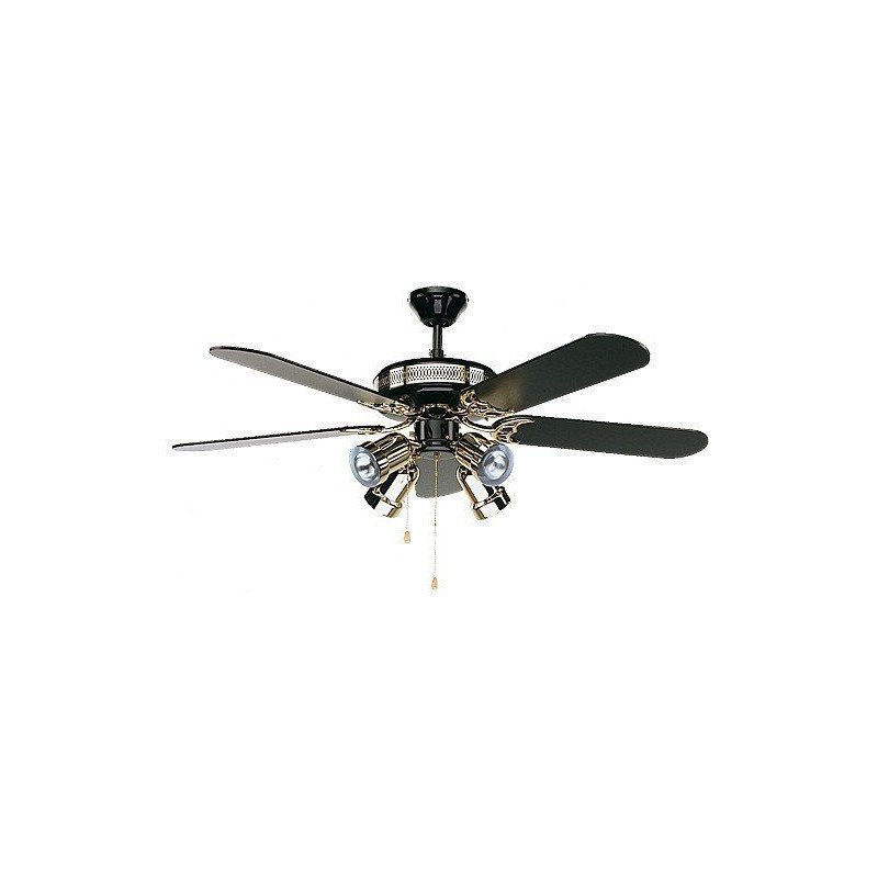 Ventilatore a soffitto, Blackmagic, classico 132 centimetri, laccato nero e ottone, luce, Casafan